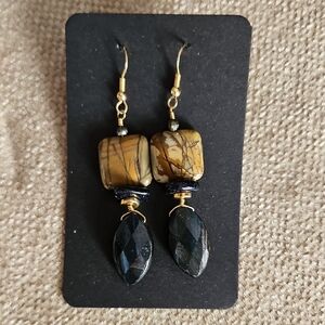 Gold-Tone Brown Stone Drop Earrings with Black Faceted Dangles